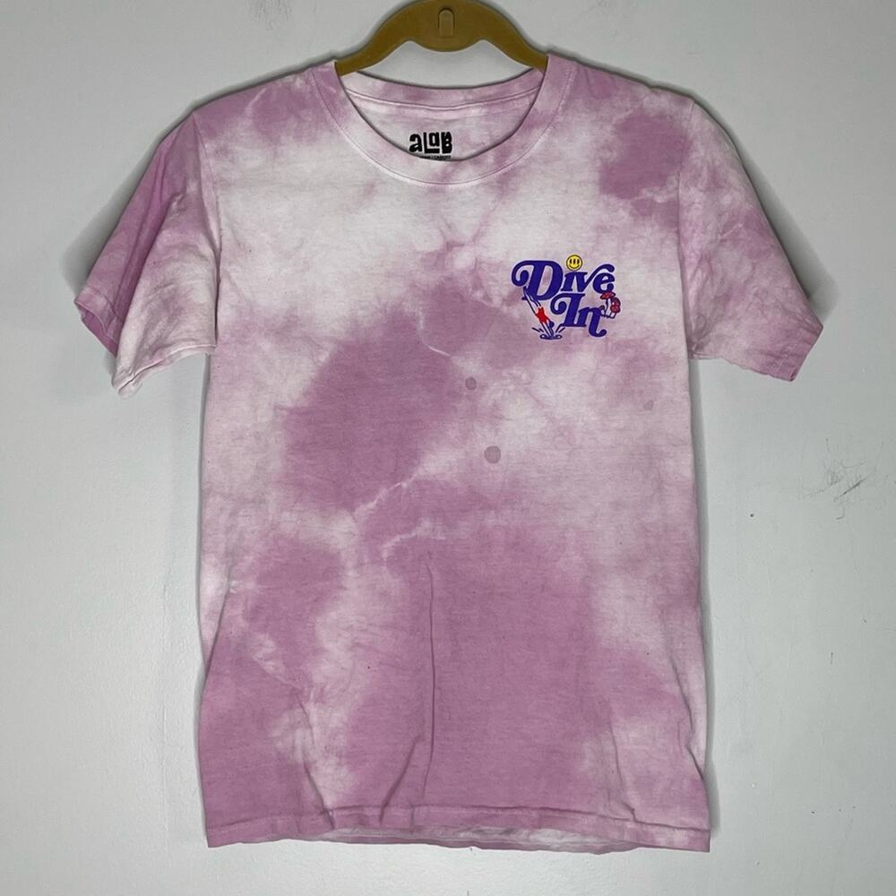 ALAB Dive In Pink/Purple and White Tie Dye Logo Unisex Cotton T Shirt Small